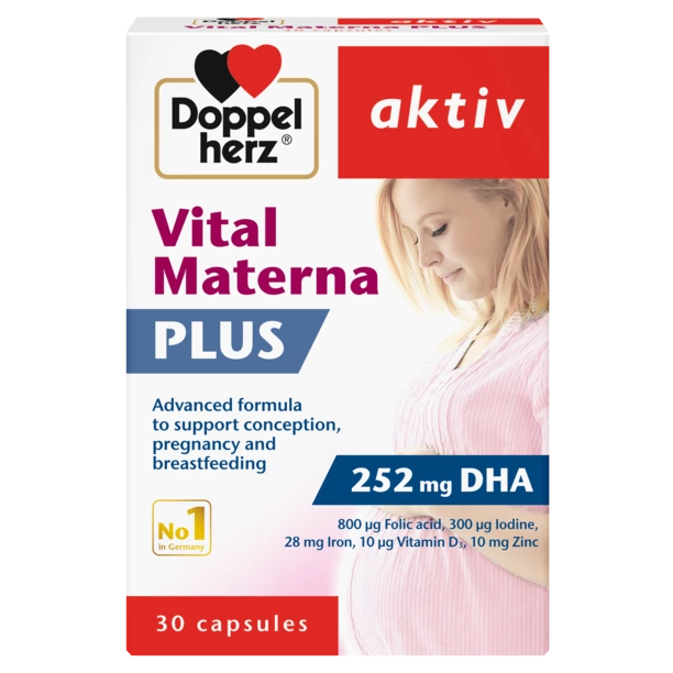 A package for Doppelherz Vital Materna Plus, containing 30 capsules. The product supports conception, pregnancy, and breastfeeding. It includes key nutrients such as folic acid, iodine, iron, vitamin D3, and zinc, with 252 mg of DHA. The brand is noted as number one in Germany.