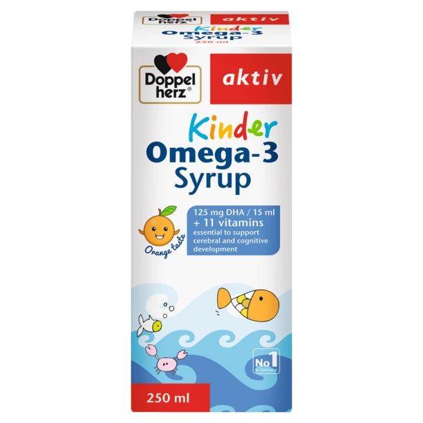 A box of Doppelherz Kinder Omega-3 Syrup, featuring cheerful ocean-themed illustrations. The label highlights that each 15 ml serving contains 125 mg of DHA and 11 vitamins, essential for children’s cerebral and cognitive development. The syrup has an orange flavor and comes in a 250 ml container.
