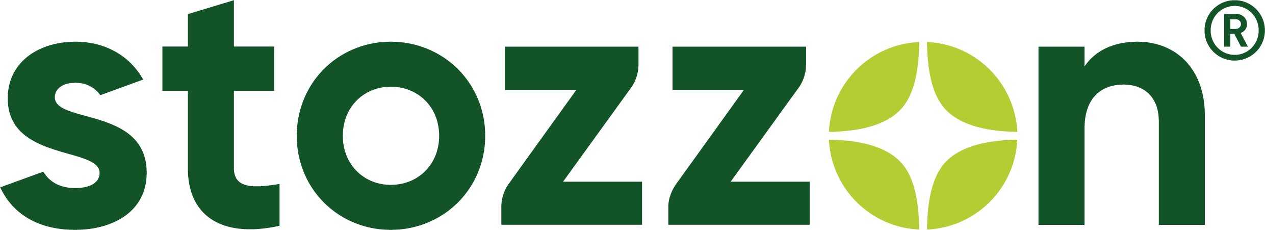 Logo von Stozzon in grüner und gelber Schrift, bestehend aus dem Markennamen und einem stilisierten Symbol, das an ein Blatt oder einen Samen erinnert.